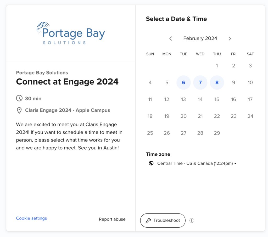 Screenshot of Calendly page for scheduling an in-person session with Portage Bay Solutions at Claris Engage 2024.