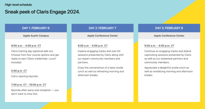 Graphic showing tentative schedule for the three days of the Claris Engage 2024 FileMaker conference.