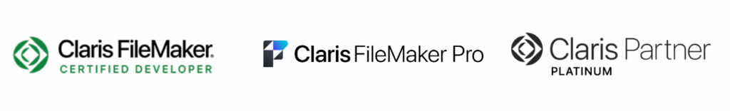 Claris FileMaker logos for certified developer, FileMaker Pro, and Platinum Partner.