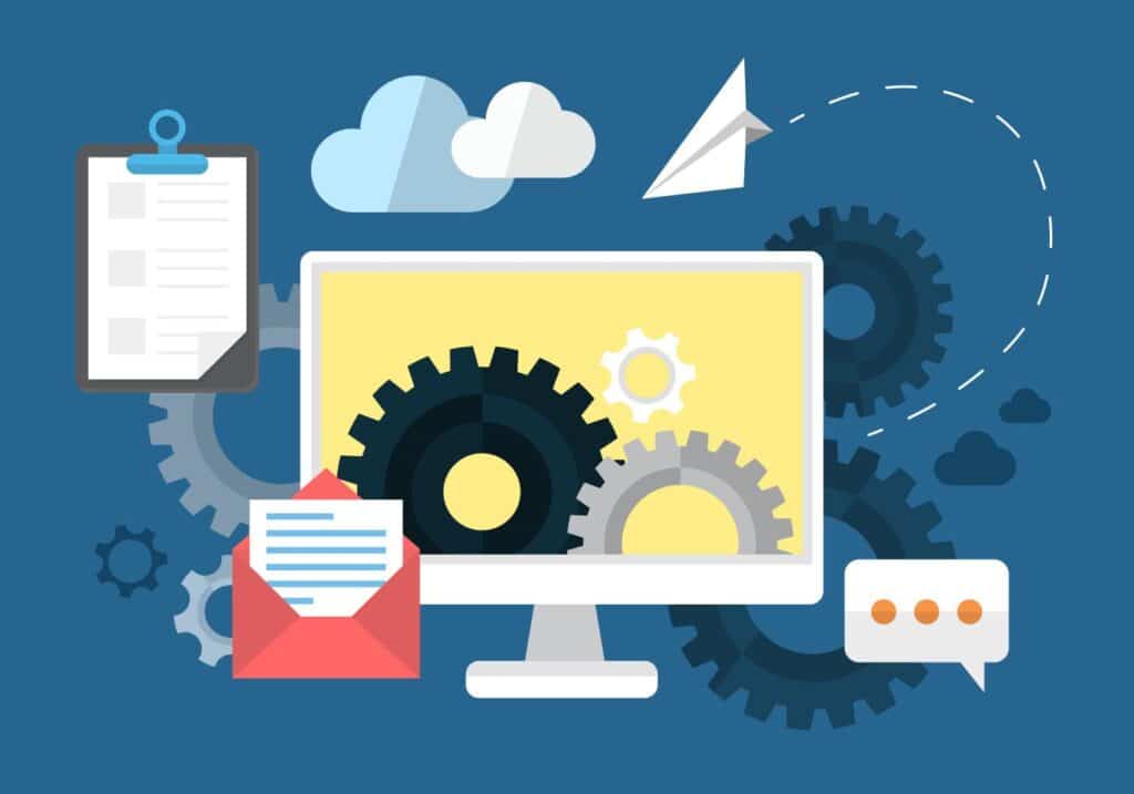 Colorful graphic depicting document management - an important part of ISO compliance - through the use of a variety of icons - computer, gears, clouds, letter, envelope, and a paper airplane.