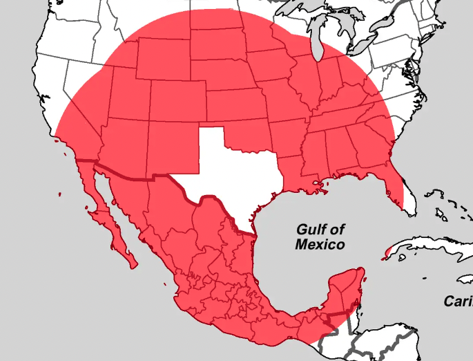 Map of the United States and Mexico, showing a large swath in red - the red areas are closer to Texas than the widest distance across Texas.