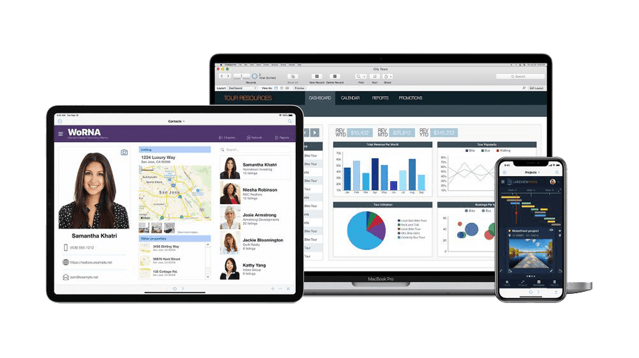 Marketing graphic showing a tablet, mobile phone, and computer screen reflecting modern and crisp software layouts and reports. FileMaker can assist with ISO compliance.