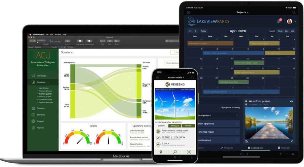 Graphic depicting Claris FileMaker Pro in use across desktop, iPad, and mobile - a consideration in the FileMaker vs Airtable discussion