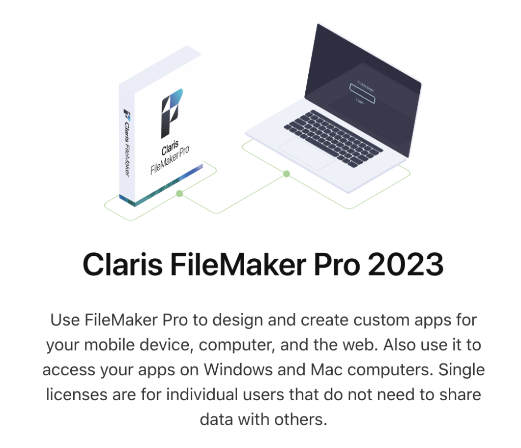 Graphic showing a Claris FileMaker Pro beside a laptop computer. 