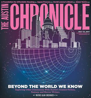 Cover of The Austin Chronicle, showing a sketch of the city landscape sitting on the upper half of a grid globe. Pick up a paper copy during Claris Engage.