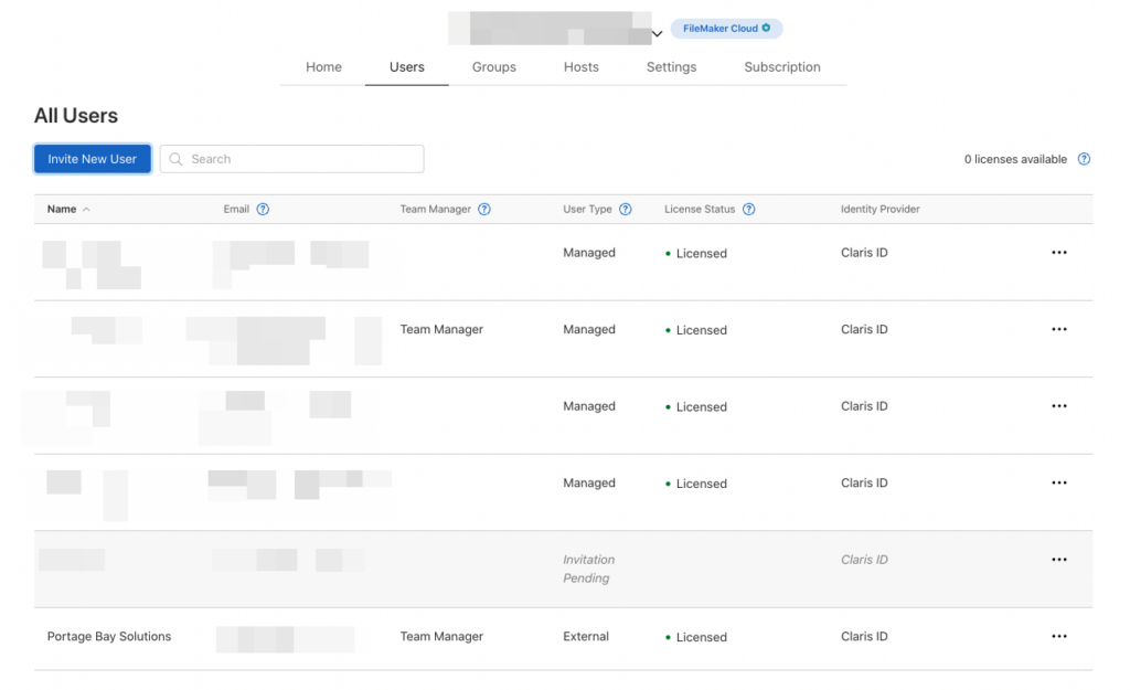 Screenshot of the Users tab within the Claris Cloud Console