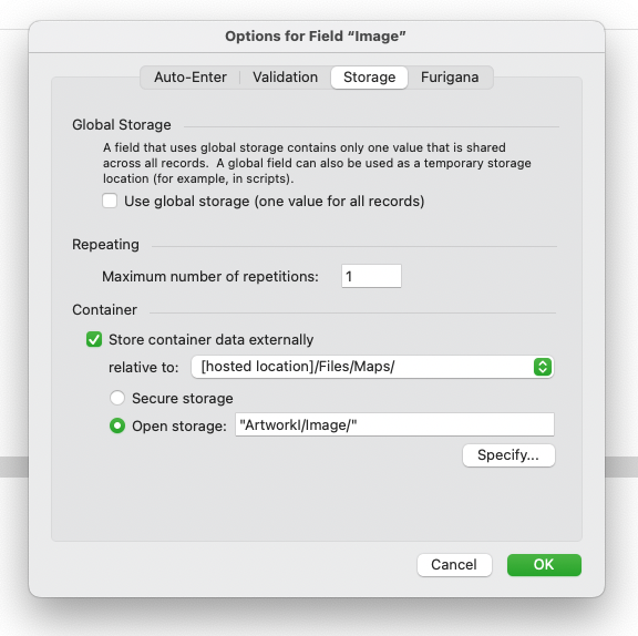 Screenshot of dialog for FileMaker container field options.