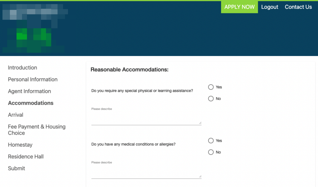 Screenshot of a FileMaker web application built for an online college residence hall application.