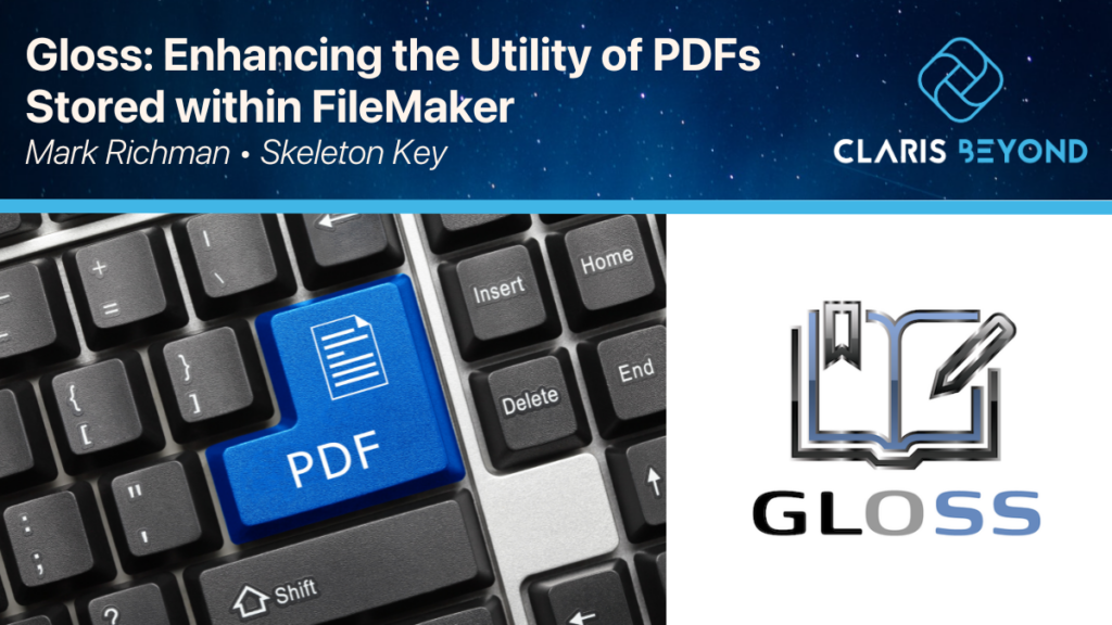 Event graphic for the Claris Beyond Meetup advertising the session about using Gloss to enhance the utility of PDFs stored within FileMaker