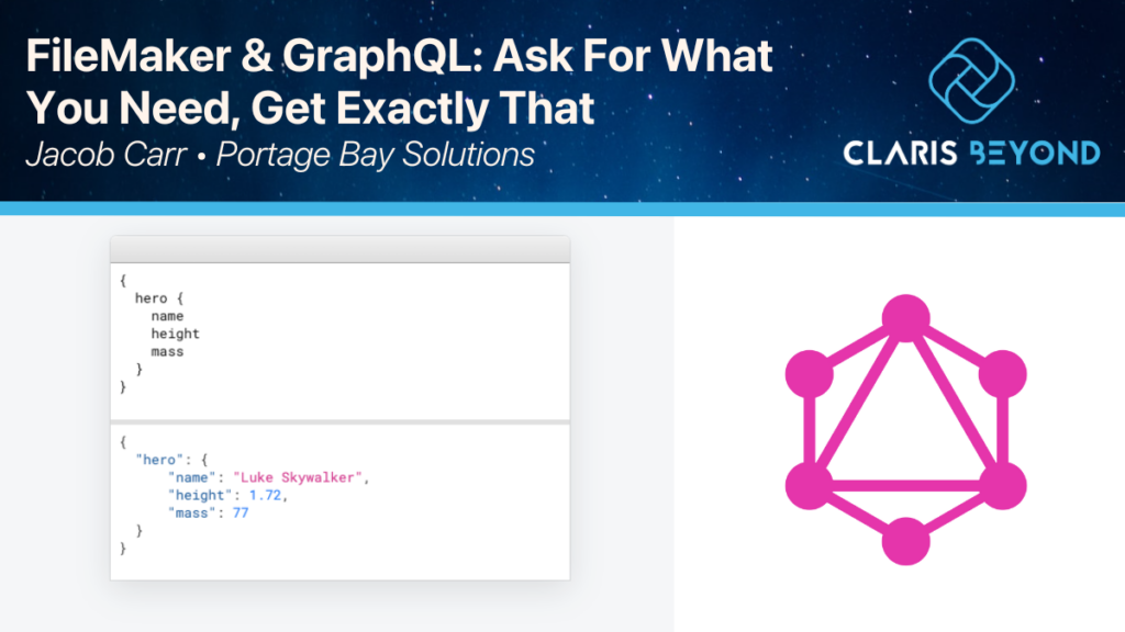 Event graphic for the Claris Beyond Meetup advertising the session about using GraphQL with FileMaker