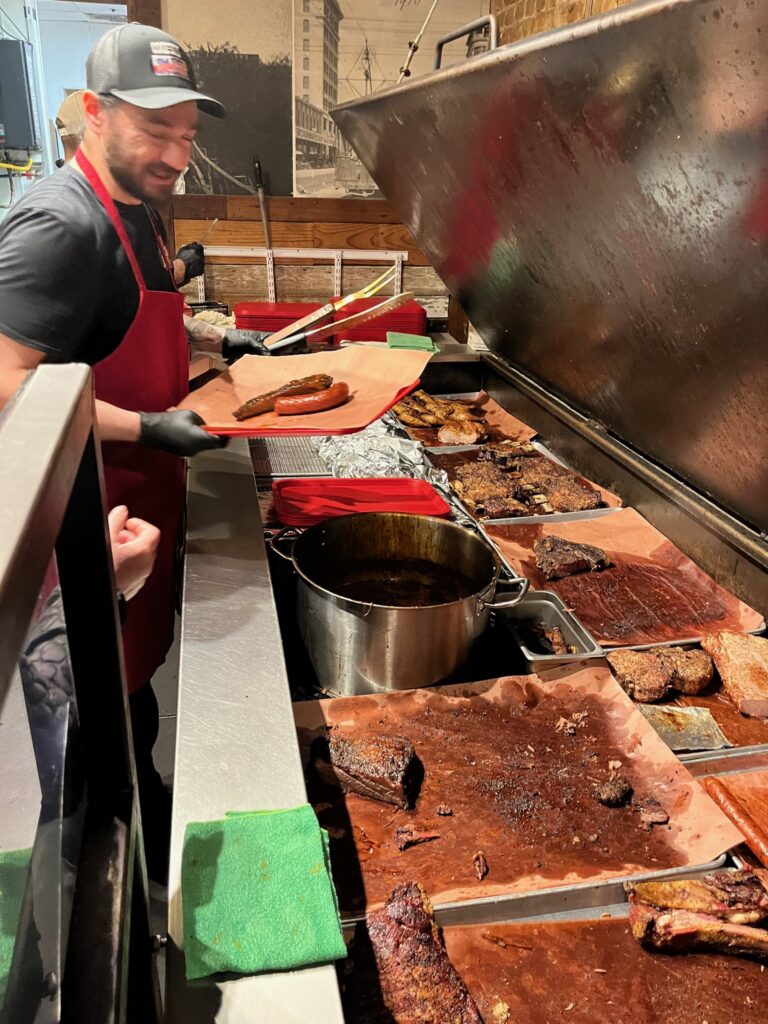 Photo of food prep at Cooper's Pit BBQ in Austin, Texas.