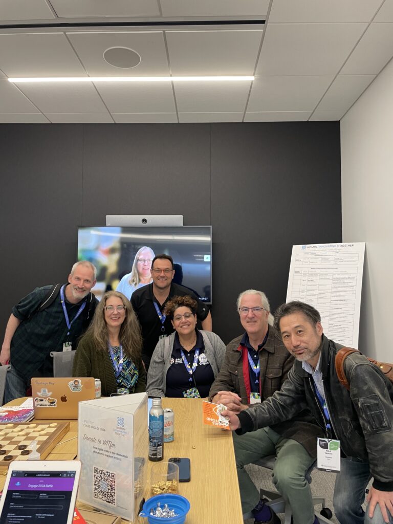 Photo of international visitors to the WITfm room at Claris Engage 2024. Represented are Canada, US, Italy, France, and Japan.