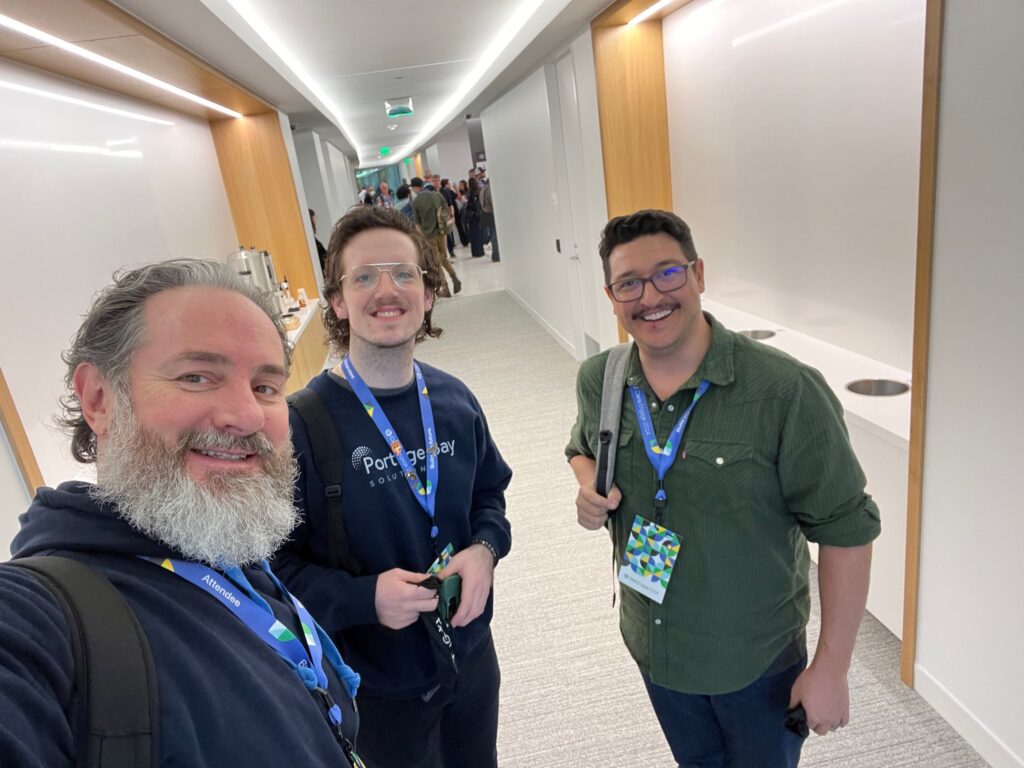 Hallway selfie of Xandon, Russell, and Jacob, Portage Bay developers.