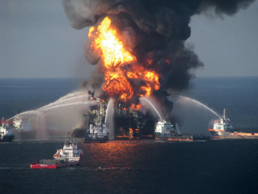 Photo of firefighting ships battling the Deepwater Horizon fire.