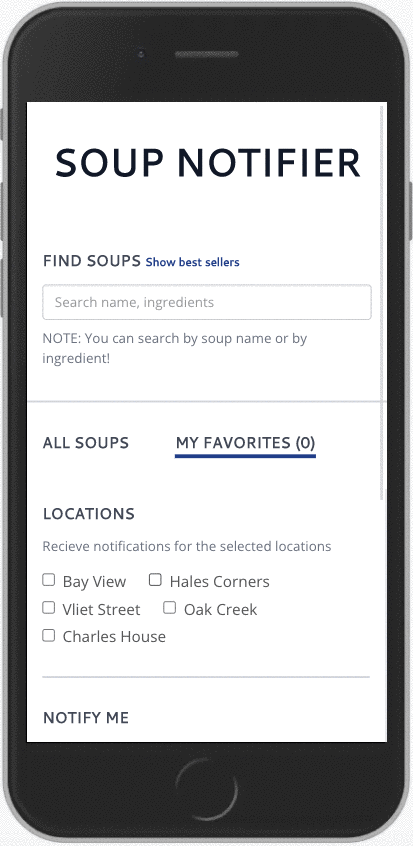 Gif showing FM BetterForms in use on a mobile phone, for a Soup Notifier app.