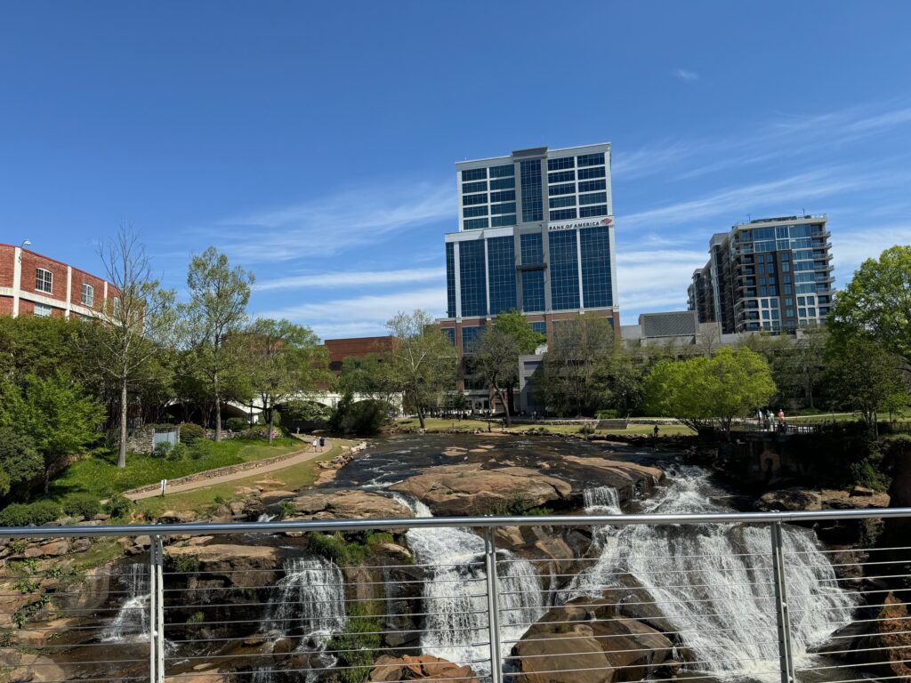 Photo of downtown Greenville, South Carolina, and the falls on the Reedy River