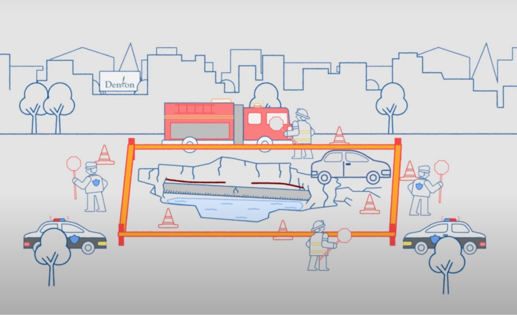 Cartoon illustration of areas of a disaster response scene, showing the incident along with emergency personnel and vehicles.