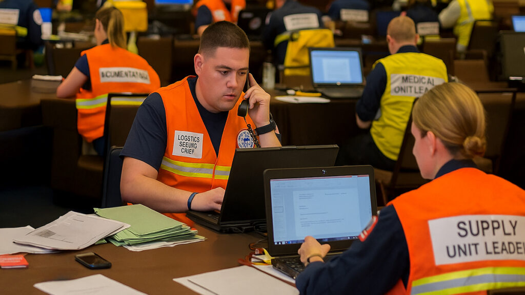 Photo of two people assisting during a disaster response - wearing high visibility orange and yellow vests, labeled with their areas of Logistics and Supply.
