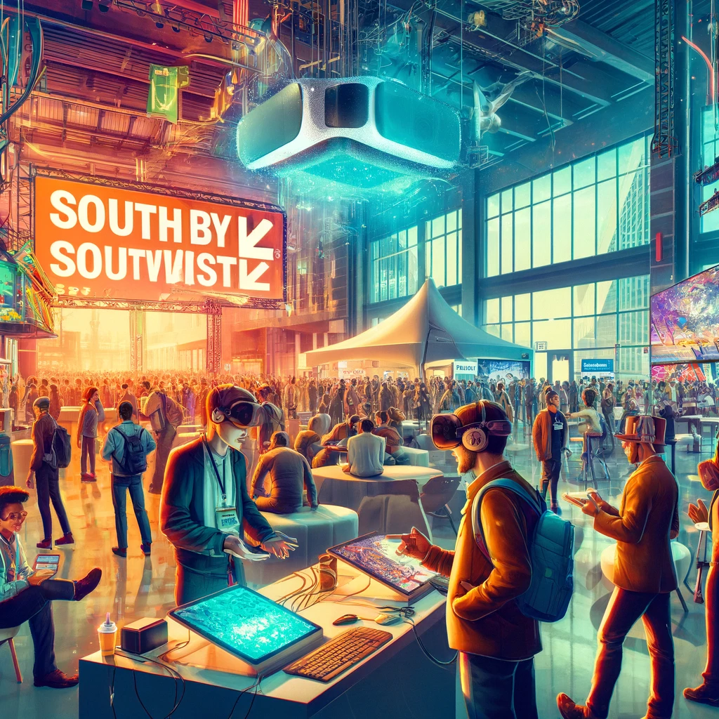 A ChatGPT generated image of South by Southwest, showing a large crowd inside an industrial building, with many people wearing VR goggles. Possibilities for AI and FileMaker abound.