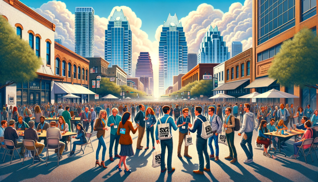 A ChatGPT generated image showing a large outdoor crowd, between a row of buildings, with the Austin skyline in the background.