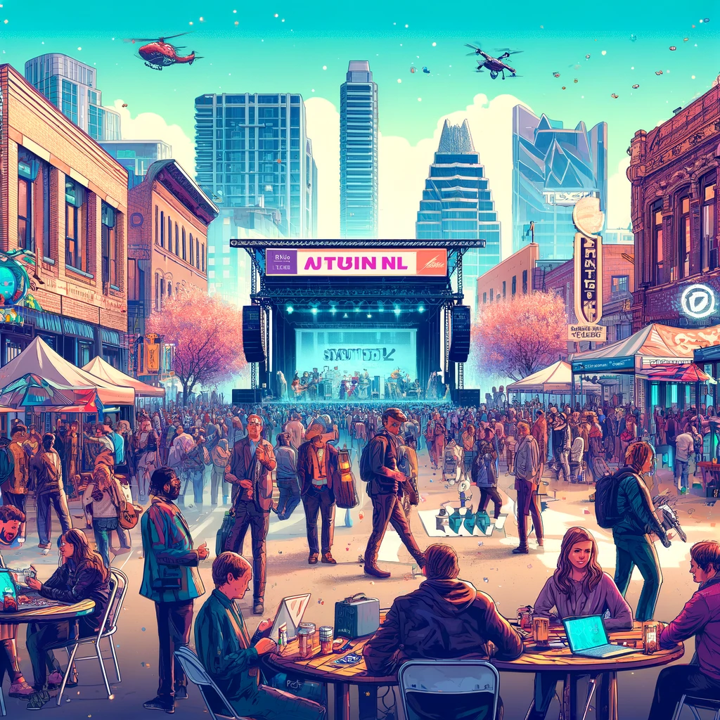 A ChatGPT generated image of South by Southwest, showing a large outdoor crowd centered around a large stage, with helicopers and drones in the sky.
