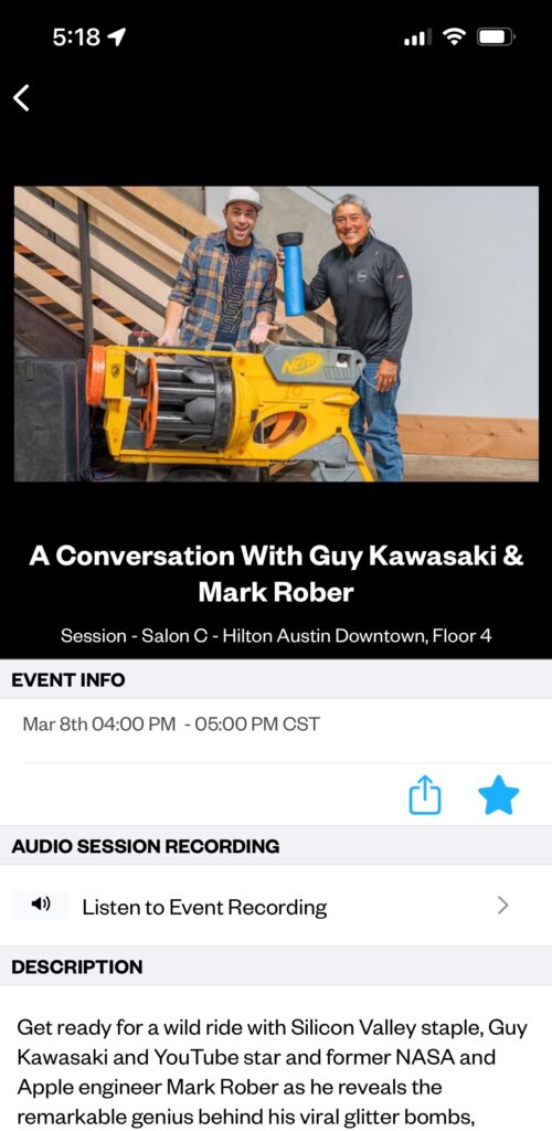 A mobile screenshot of a SXSW session - A Conversation With Guy Kawasaki & Mark Rober.