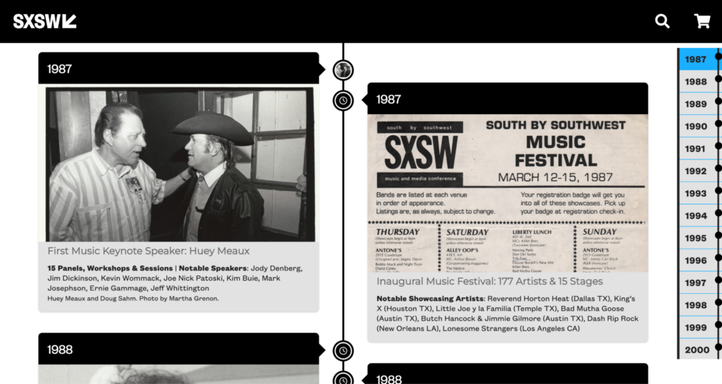 Section of a black and white timeline, highlighting the SXSW years of 1987 and 1988.