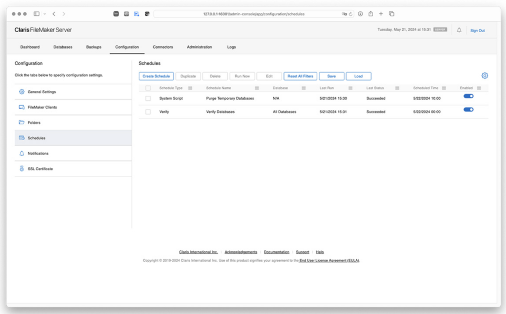 Screenshot showing consolidation of script schedules into one area in FileMaker 2024 admin server console.