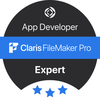 Badge representing Claris FileMaker Pro Expert certification