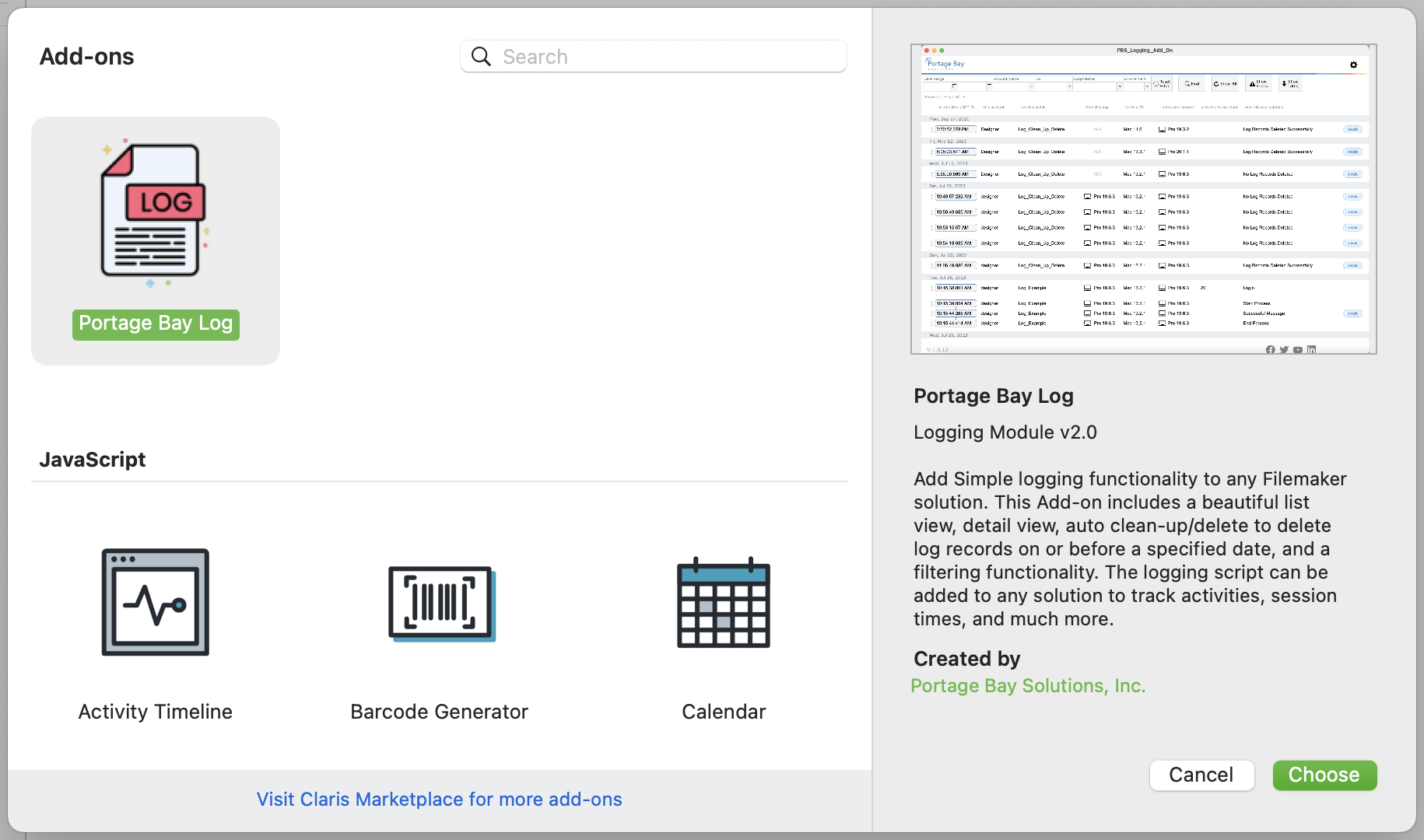 Screenshot from within layout mode of a FileMaker file, showing the dialog for installing new add-ons or choosing existing ones.