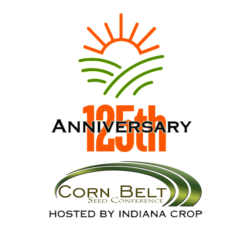 Logo for the 125th Anniversary for Corn Belt Seed Conference. A line drawing of an orange sunrise over a green hill. The image reads "125th Anniversary Corn Belt Seed Conference Hosted by Indiana Crop."