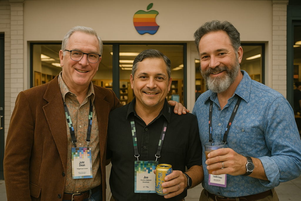 Another AI-revised version of the photo of John, Joe, and Xandon at Claris Engage 2025. The rendition has them looking like middle-aged men in the 1970s