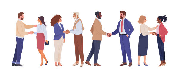 Eight people in a straight line and paired up in twos. Each pair is shaking hands with each other.