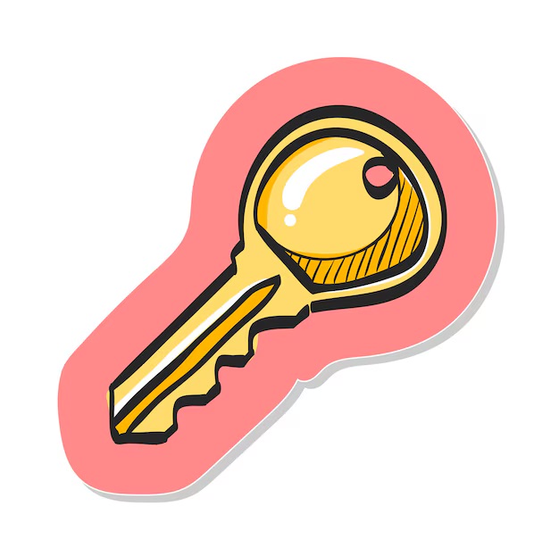 A hand-drawn cartoon image of a golden key with a light red background.