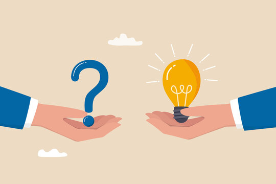 A cartoon illustration of two hands. The one coming from the left is hold a question mark and the one coming from the right is holding a light bulb.