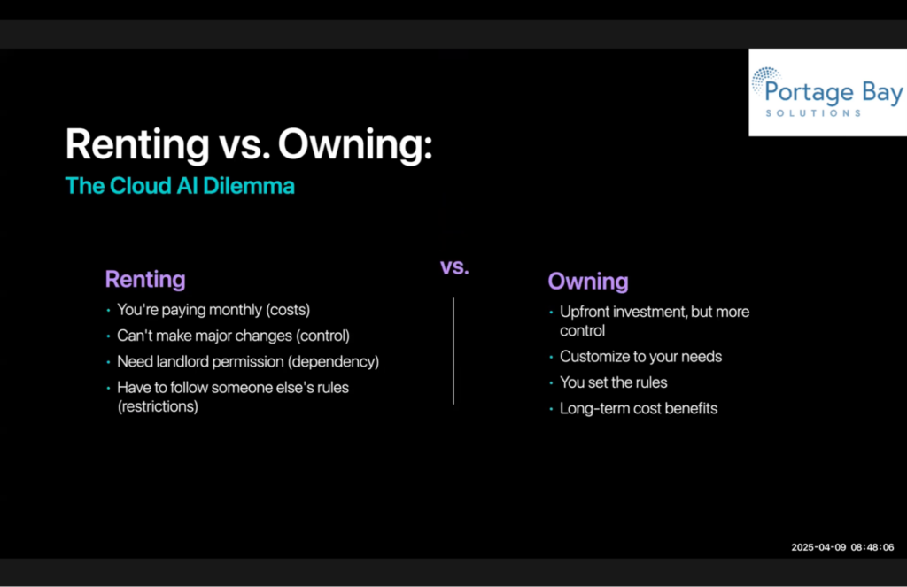 Slide 5, showing the difference between renting and owning as applied to LLMs