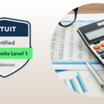 Two graphics side-by-side. One showing the Intuit badge for being a QuickBooks Certified Level 1 Advisor. The other a graphic showing a calculator on top of some accounting forms.