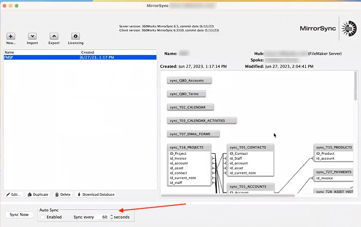 A FileMaker database image with an arrow showing the user what type of Auto Sync to choose