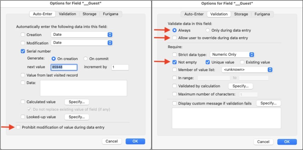 A FileMaker database with arrows pointing to sections that need to be filled in