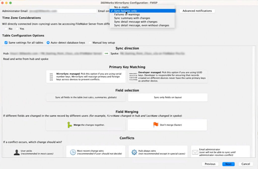 A FileMaker database image showing the user choosing the "Sync failures only" option