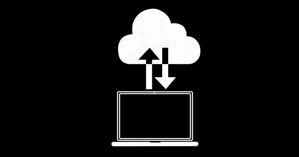 A black background with white lines making an image of a computer with a cloud above it. There are two arrows: one pointing from the computer to the cloud and one pointing from the cloud to the computer.