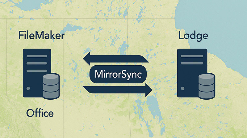 An illustration showing two FileMaker servers connecting via MirrorSync