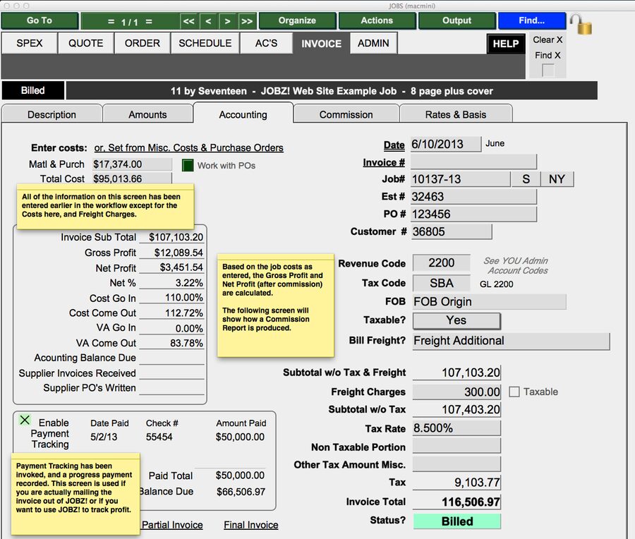 JOBZ Invoice Accounting Screen