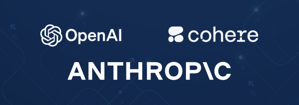 Graphic displaying locals for three AI language models that can be used with FileMaker Pro - OpenAI, cohere, and Anthropic.