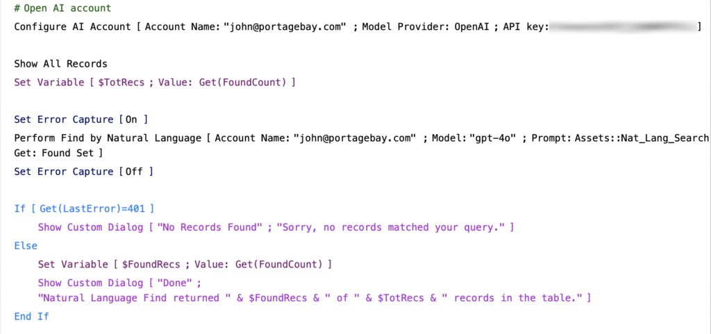 Screenshot of the Perform By Natural Language script that shows for an OpenAI account.