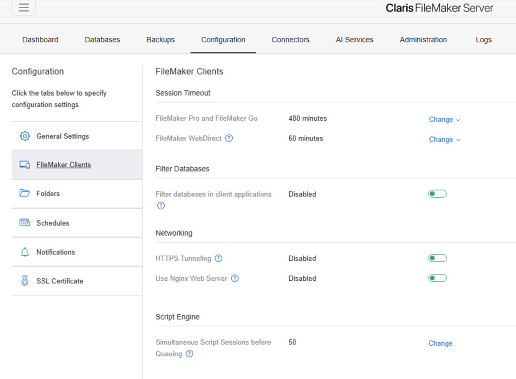 The configuration settings for Claris FileMaker Server that shows the time limit options for script sessions