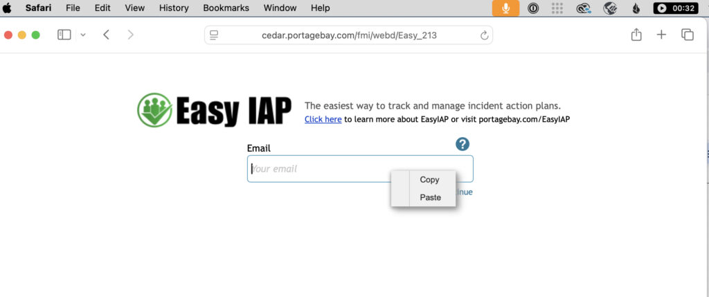 The login screen of Easy IAP that now shows a copy and paste option after clicking